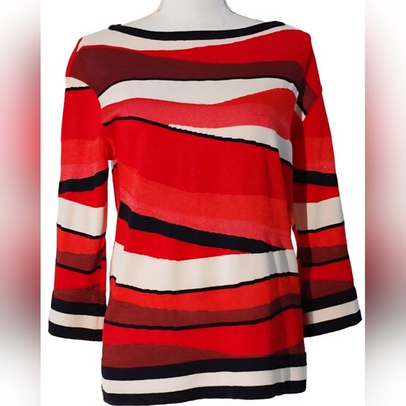 St. John Wool Blend Wavy Striped 3/4 Sleeve Sweater Sz XL